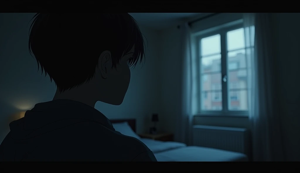 (best quality, masterpiece, ultra detailed), place: Hero&#39;s room video: The protagonist stares out the window。The room is dimly lit、A little bit of outside light is shining in.。To express a sense of emptiness、The room is simple and has few things.、Close-up of the main character