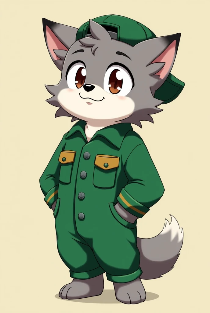 Furry,dog boy,grey fur,brown eyes,Single tail,short detailed hair, green mechanic uniform and hat, male, short, smiling, eyes half closed, backwards hat,