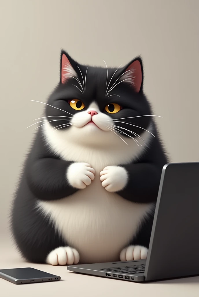 Smart cat with tricky eye, fat body and white and black fur. Standing beside notebook computer, look sleepy. Licking front paws