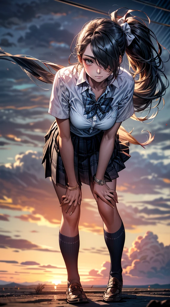 (SFW:1.5) ,Ultra high definition, High detail, Textured skin, retina, High resolution,
(masterpiece:1.2, top-quality), (realistic, photorealistic:1.4), beautiful illustration,
looking at viewer, full body, front view:0.6,
1 girl, japanese, high school girl, (long hair:1.5), blown hair, (side ponytail), hair over one eye, large breasts:0.8,
beautiful hair, beautiful face, beautiful detailed eyes, beautiful clavicle, beautiful body, beautiful chest, beautiful thigh, beautiful legs, beautiful fingers,
(beautiful scenery), school,
((collared short sleeve shirt, white shirt, , grey plaid pleated skirt, blue plaid bow tie)),
(Are standing、slouch, grab the hem of the skirt, hands on chest, hand between leglush,(Leaning forward:1.5)(Portrait Angle)(the wind is strong、Cloudy:1.5)(Hair blowing in the wind)