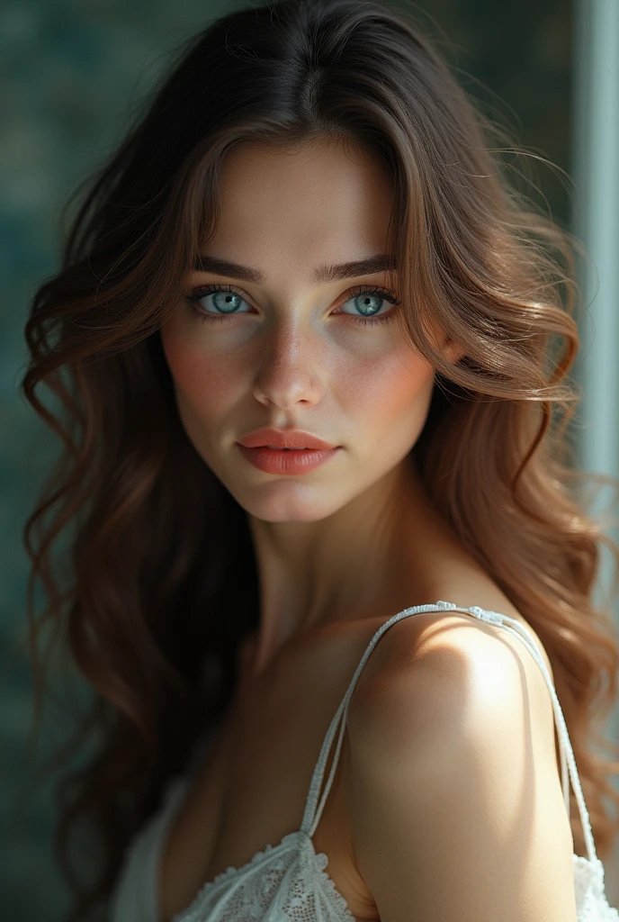Beautiful woman with long curly brown hair and blue eyes