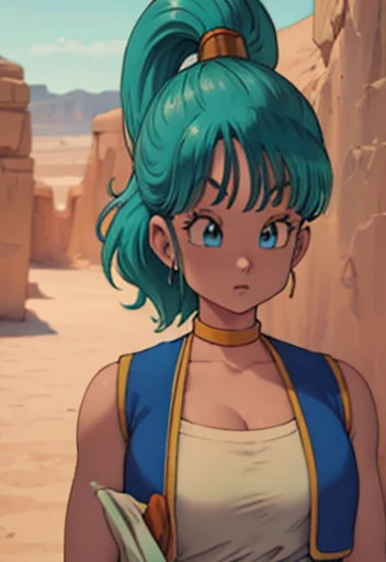 1girl, masterpiece, best_quality:0.5, highres, 4K image, (incredible_details:0.7), absurdes, ((cowboy_angle_shot:0.4)), sharpen image, bulma, 1girl, solo, blue eyes, blue hair, aqua hair, bangs, hair, high ponytail, earrings, arabian clothes, white shirt, blue vest, white pants, baggy pants, red sash, bare shoulders, sleeveless, (deep cleavage), yellow choker, wristband, neck ring, perfect , perfect body, shining skin, warm sunnyday, outdoors, desert scenery