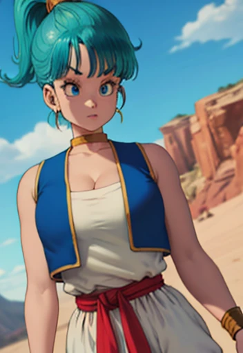 1girl, masterpiece, best_quality:0.5, highres, 4K image, (incredible_details:0.7), absurdes, ((cowboy_angle_shot:0.4)), sharpen image, bulma, 1girl, solo, blue eyes, blue hair, aqua hair, bangs, hair, high ponytail, earrings, arabian clothes, white shirt, blue vest, white pants, baggy pants, red sash, bare shoulders, sleeveless, (deep cleavage), yellow choker, wristband, neck ring, perfect , perfect body, shining skin, warm sunnyday, outdoors, desert scenery