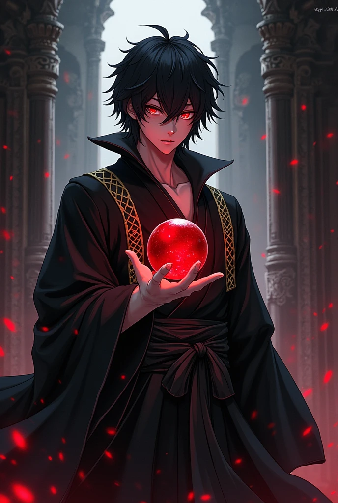 cold, black raven-haired man with piercing crimson eyes. He wears a black kimono adorned with golden strips, adding a touch of elegance to his otherwise dark appearance. In his hand, he holds a red marble that has the eerie power to imprison souls. The background is inspired by the Dark Souls theme, with a haunting, gothic atmosphere filled with shadows and ancient ruins. The entire scene is styled in a dramatic anime fashion, emphasizing the character’s mysterious and formidable presence.