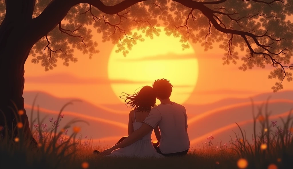 Design a image for video which can be seen by for 5 minutes where one man and women sitting are setting near a tree while watching beautiful sunset that captures the essence of a heartfelt love song The image should feature a soft, romantic scene with warm tones, like a couple embracing or a serene sunset. Include the song title in elegant, easy-to-read text, positioned to stand out without overwhelming the image. The overall design should evoke deep emotion and love, drawing viewers in to click and listen. make image size of youtube video 16:9