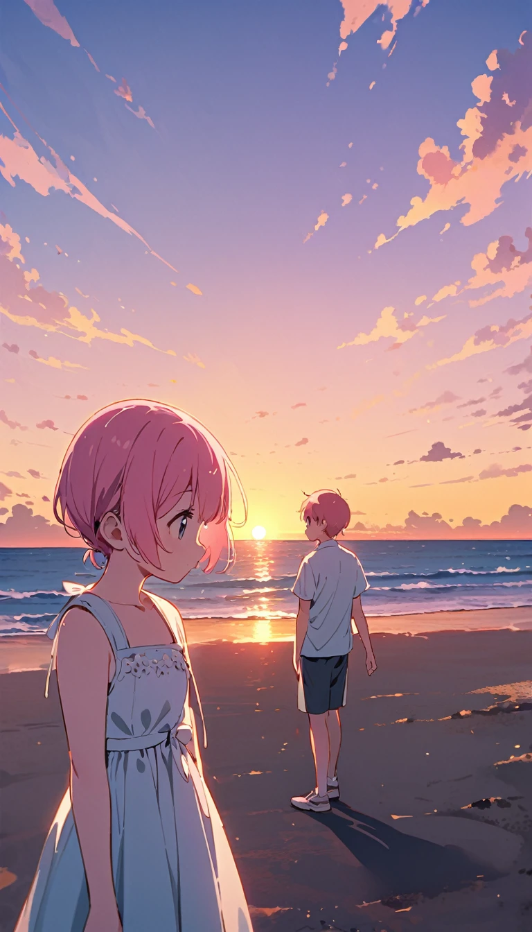 「Please draw a calming Ghibli-style landscape.。At the beach at sunset、There is a boyish girl with pink hair.。she長めの白いTシャツのみを纏っており、A scene of a pleasant breeze blowing。she、It's like I'm going to fall asleep right away、It creates a calm and dreamy atmosphere.。」
