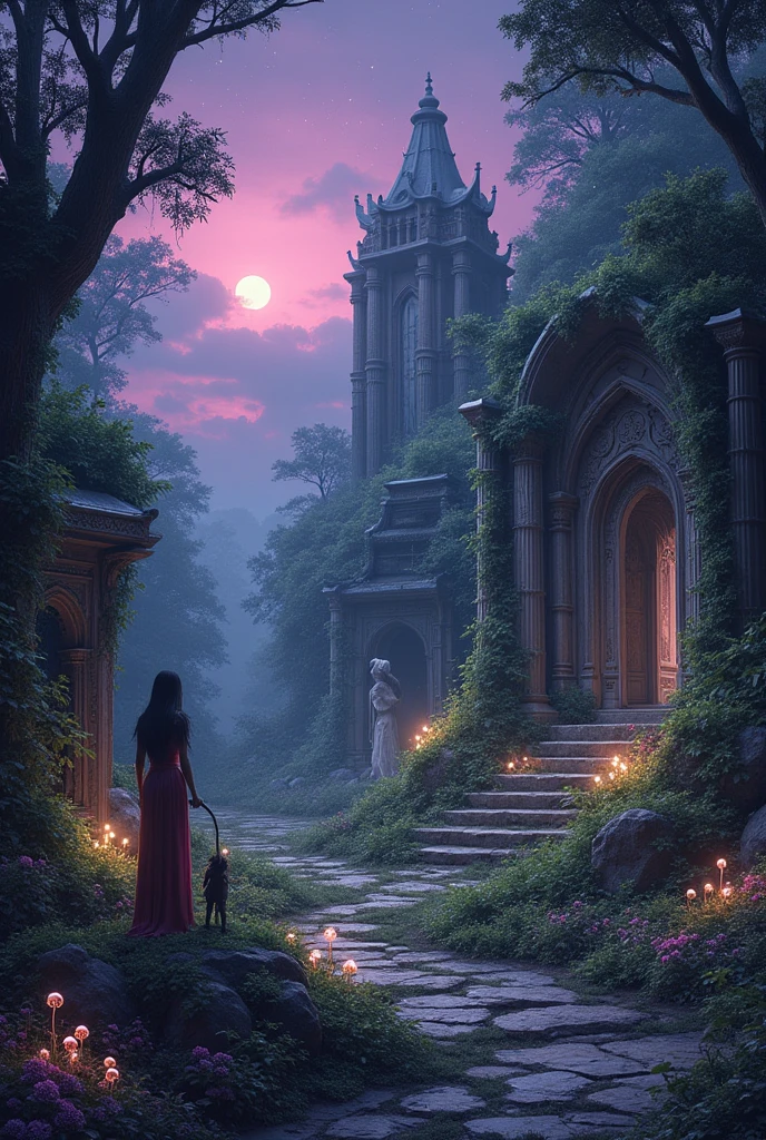 Depict a mystical garden where forgotten gods and ancient deities reside. The garden is overgrown with vines and strange, luminescent flowers, with statues and altars dedicated to these long-lost beings hidden among the foliage. Each god is a unique figure, representing elements of nature, ancient civilizations, or abstract concepts, now fading into obscurity. The sky above is a twilight purple, with stars slowly dimming, symbolizing the fading memories of these once-powerful entities. The overall atmosphere is one of reverence and melancholy, as the garden stands as a sanctuary for these forgotten divinities.