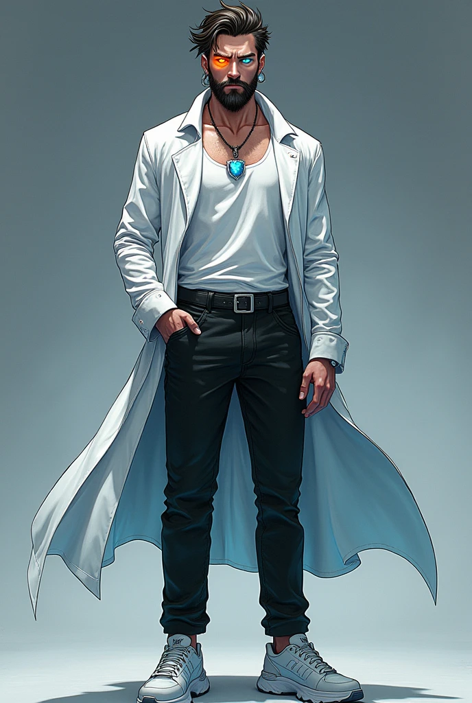 kurama parece o sung jin woo de solo leveling, has a beard , one of his eyes is an orange-yellow and the other is blue Clothes: chemise, black pants and sneakers and wears a white doctor's coat with a necklace that has a precious stone.