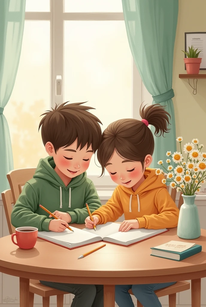 A watercolor depiction of siblings helping each other with homework at a kitchen table, displaying a sense of support and solidarity. The warm, inviting kitchen environment in the background features soft hues of light green and beige, with a vase of flowers adding a touch of brightness. Created Using: soft-focus background, precise but light brushwork, muted pastel colors, gentle lighting, slight texture variations, cozy and intimate composition, hd quality, natural look --ar 5:4 --v 6.0
