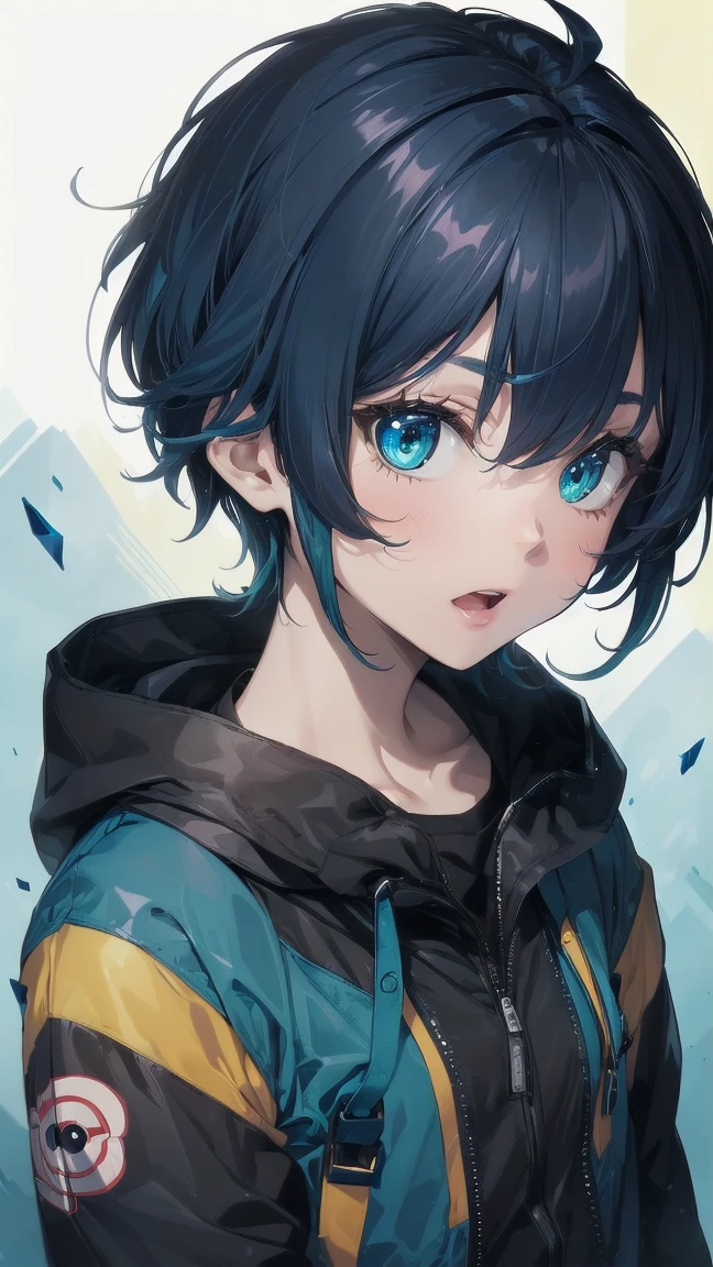 Close-up of a manga girl with blue hair and a yellow shirt, 2D Animation, 2D Animation style, 2D Art, 2D Art, 2D from Gorillaz, 2D from Gorillaz, 2D Gorillaz, Screaming Cerket, 2D Sprite, Jinx Face, short hair, Small breasts, hot pants, ((Black Hair, Inner bright blue hair:1.4))
