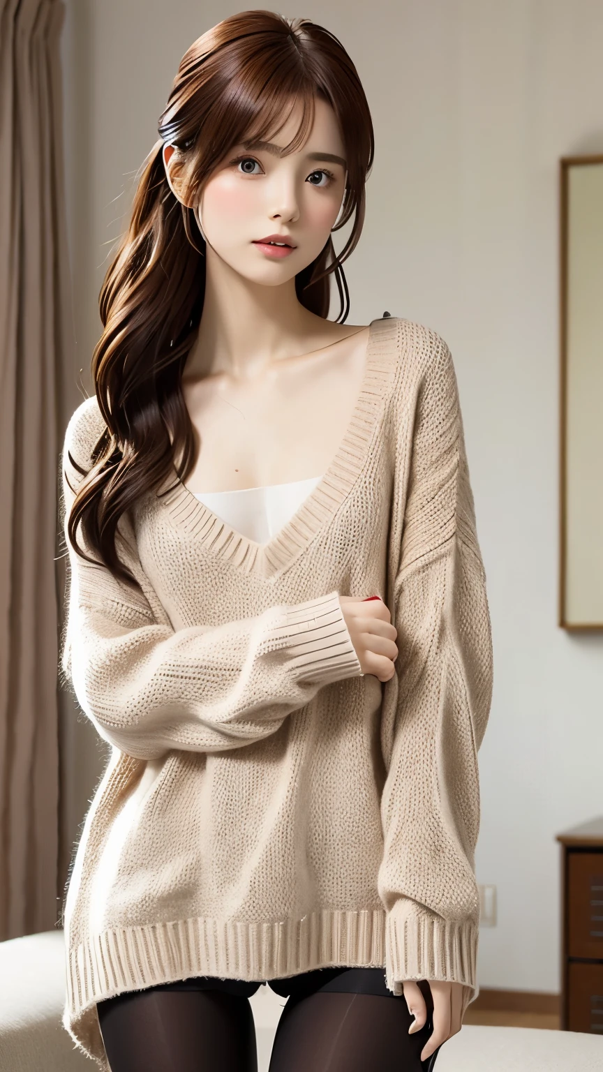 1 Woman Standing, /(Oversized sweater/) V-neck, Immature woman, big red ribbon hair ornament,/(Brown Hair/) bangs, blush, (Top quality masterpiece:1.2) Delicate illustrations, Very detailed, Pantyhose tearing /(Modern house living room/) indoor, (((Sexy pose))), (((small))), (((Thigh Gap)))