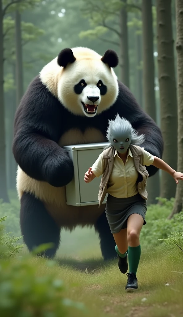 ((Highest quality)), ((Pigeon-headed woman)), (Angry Giant Panda), (Giant panda holding a refrigerator in both hands), Giant panda holding a refrigerator in both handsが後ろから追いかけてくる, A woman with a grey pigeon head is running as fast as she can to escape a giant panda, A grey pigeon-headed woman is wearing an off-white collared short-sleeved shirt, a light brown vest, a knee-length black skirt, dark green socks and black shoes., Muscular grey pigeon-headed woman, The background is a grassy forest, Photorealistic images,