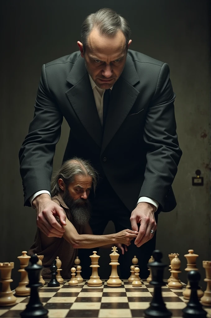 Create me an image of a person in a suit and a very poor person playing chess, the poor man's hands are being guided by another larger person in a suit, the poor are like a puppet