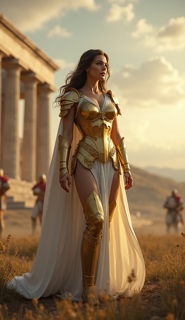 (masterpiece), (Highest quality), Photorealistic, Raw photo, Realistic, Cinematic Light, Beautiful goddess in golden armor, White Cape, stand, Battlefield Background, Perfect body, Greek Temple