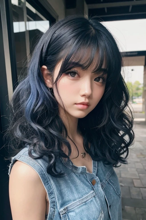 Girl with curly blue hair, black-eyed