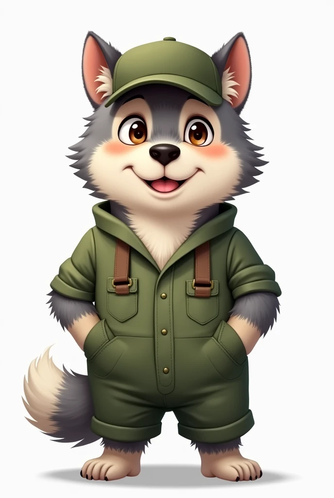 Furry,dog boy,grey fur,brown eyes,Single tail,short detailed hair, olive green mechanic uniform and hat, male, short, smiling, eyes half closed, backwards hat,