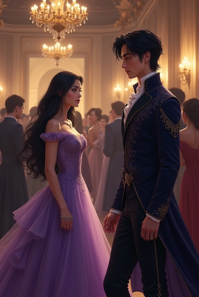 a handsome young man in his twenties at a ball in the Middle Ages. he is a prince. he has black hair and lovely sharp features, his eyes are ice blue. At the ball he saw a beautiful young woman his age, she was wearing a dark purple dress the color of amethyst. He has long black hair and green eyes. the man is secretly watching her, but she doesn't notice him.