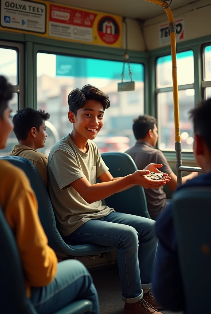 Young Peruvian man receives change on the bus in cash while sitting on the bus