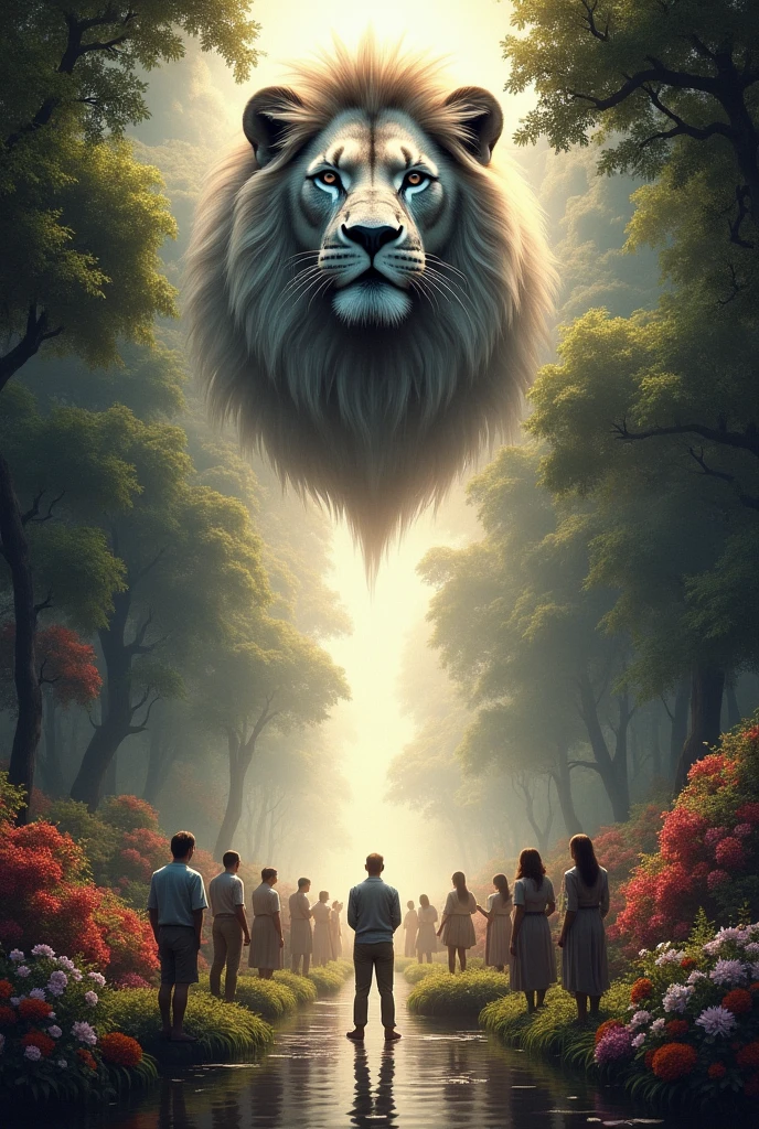 Black and White Lion**:
   - **Position**: Top center of the image.
   - **Appearance**: only the lion's head, looking straight ahead, in black and white to highlight the divine majesty.
   - **expression**: Serene and powerful, symbolizing the sovereignty and presence of God.

2. **Worshippers in the Garden**:
   - **Location**: Na parte inferior da imagem.
   - **context**: A lush and flowery garden, representing divine creation.
   - **people**: Placed throughout the garden. They are in poses of worship, with hands raised up, towards the lion.
   - **outfit**: Humble and modest clothing, representing the simplicity and devotion of the faithful.
   - **diversidade**: It is recommended to include people of different ages, genders and ethnicities to symbolize the universality of faith.

3. **flower garden**:
   - **elements**: Various colorful flowers, leafy trees, and possibly a small stream or pond to add a touch of serenity.
   - **colors**: Bright and varied tones for flowers, contrasting with the black and white lion, to show the beauty of God&#39;s creation.

4. **General Environment**:
   - **sky**: a clear blue sky, perhaps with some rays of sunlight illuminating the garden and highlighting the purity of the moment of worship.
   - **Lighting**: Soft light that seems to emanate from the lion&#39;s face, creating a heavenly and divine mood.

5. **texto**:
   - put an inspirational quote or Bible verse, SOM: "Worship the Lord in the beauty of holiness" (Salmo 96:9).

.