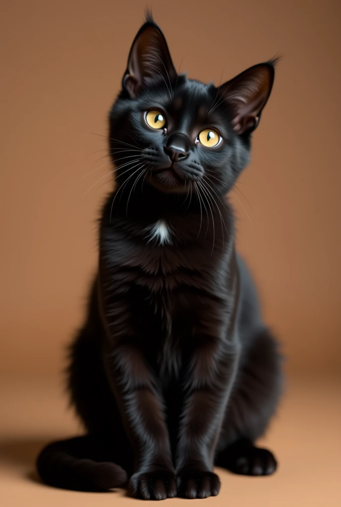 a beautiful black cat, slightly kitten, he is sitting sideways, isolated on a brown background