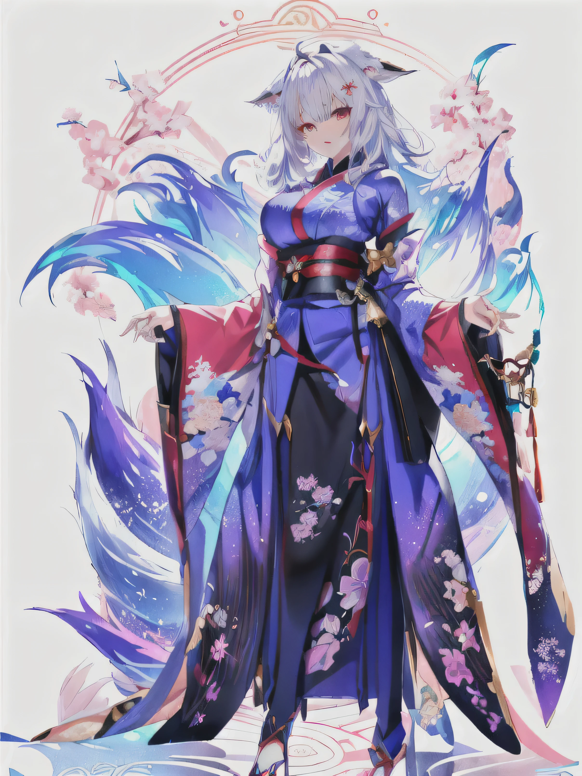 Illustration of a female anime character in a kimono, ( ( Character Concept Art ) ), Full body concept, Clear costume design, concept art of comiket cosplay, Employable personality, Anime Character Design, detailed Full body concept, Traditional Japanese concept art, detailed Full body concept art, Possibility of whole body use, New costume concept design, Favorite character, Interesting character designs,Nine-tailed maiden,Fox ears,Wolf Cut Short,High leg,Dropped ears、cool,Azur Lane,Adult women,slanted eye,黒タイツ,スリット