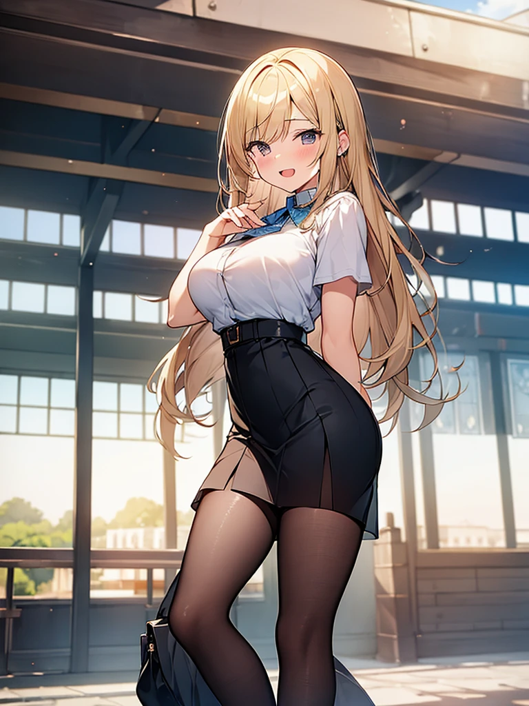 (Masterpiece, Top quality:1.5), full body, (1 beautiful girl, solo:1.2), (short height:1.2), (irregular hem skirt:1.3), Blonde hair:1.1, medium Hair, wavy Hair, asymmetry bangs, swept bangs, airy hair, large breasts:1.2, smile:1.3, blush, beautiful scene of station platform, magnificent panorama view, blurry background, open mouth, dynamic pose, dynamic angle