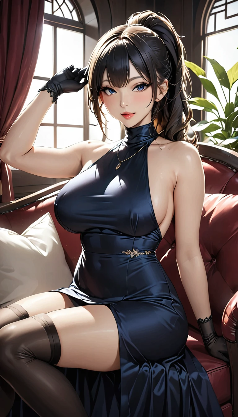 (masterpiece,Highest quality,Ultra-high resolution),Japanese women,Smiling seductively, ponytail,(((A very beautiful 2))),Big Breasts、Breast bag、((Black high-neck long dress in satin)),(Tight fit),No sleeve、Satin opera gloves、Satin knee-high socks、Satin has a very strong sheen、Place one hand behind your head、Sitting on the sofa with her legs apart、Panty shot