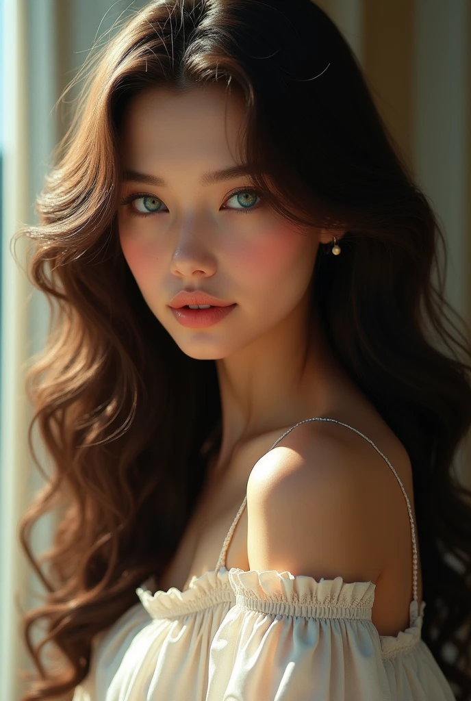 Beautiful woman with long curly brown hair and blue eyes
