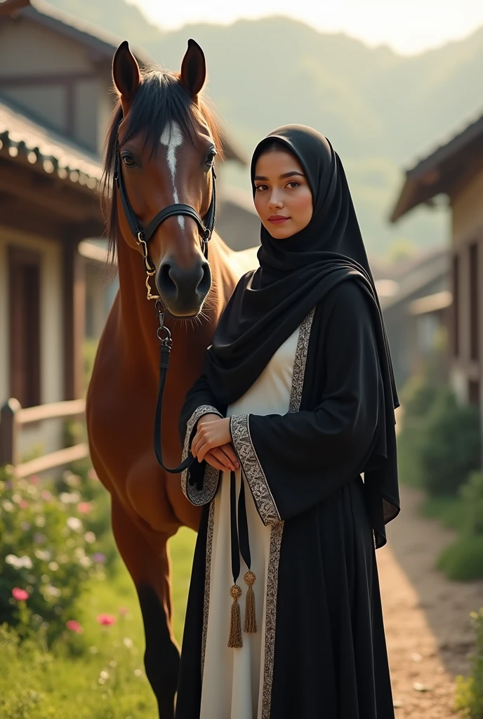 A beautiful muslim women wore black and white dress and wore black hijab 
Women is standing with horse in the village out side to the beautiful home 