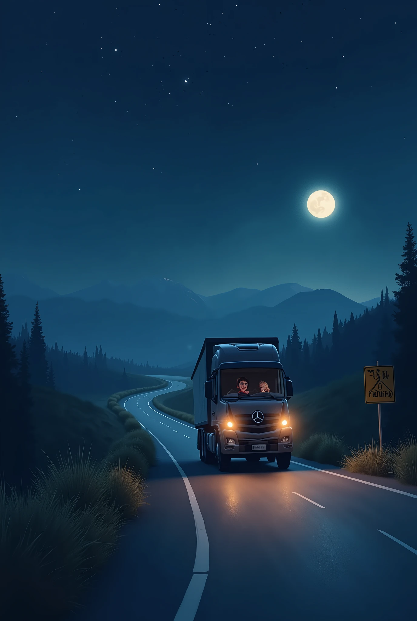 A long and winding road in the moonlight, with the sky tinged with dark blue and light gray from the moon. Quite starry. A sturdy truck travels smoothly down the road illuminated by headlights. By the roadside, there is a stylized plate with the Triunfo Car Track logo. Em primeiro plano, a relaxed driver behind the wheel, with a slight smile of relief, while the surrounding scene exudes an atmosphere of calm and tranquility. The image must convey peace, protection and confidence on the journey.