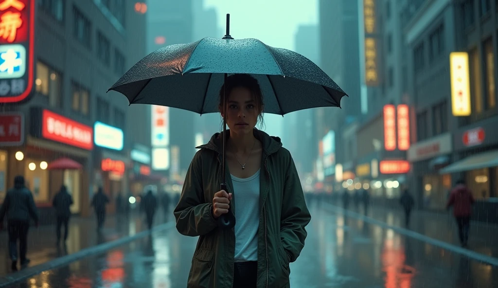 (best quality, masterpiece, ultra detailed), place: City footage: The main character is walking in the rain。Without an umbrella、Despite the rain, I move forward。The camera closes up on the protagonist's face.、Focus on his facial expression。