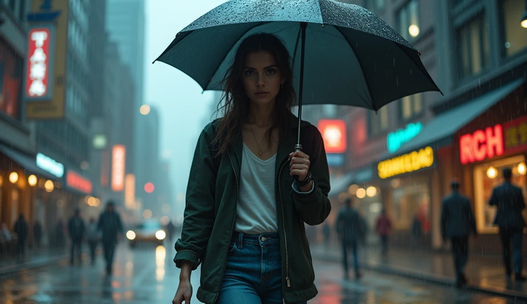 (best quality, masterpiece, ultra detailed), place: City footage: The main character is walking in the rain。Without an umbrella、Despite the rain, I move forward。The camera closes up on the protagonist&#39;s face.、Focus on his facial expression。