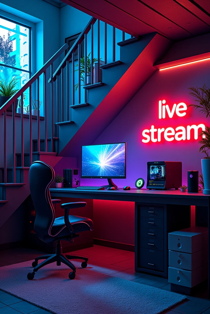 an ultra realistic image of a colorful gamer room with a black computer under a staircase and the words LIVE STREAM