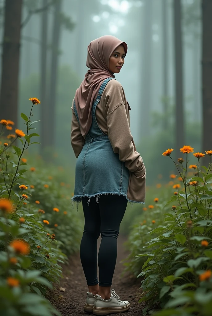 full-body portrait photograph of a young java woman hijab with Caps, wearing pinafore with shirt, hotpant with leggings, oversized_breasts.", she is hiking, beautiful_breasts. sensual body, in a unique, photoshot model, ((In front of flowers in the misty forest)), pullover, highres, 4k, HDR, 1girl, photorealistic, realistic, big booobs, turning away facial at viewer, closeup