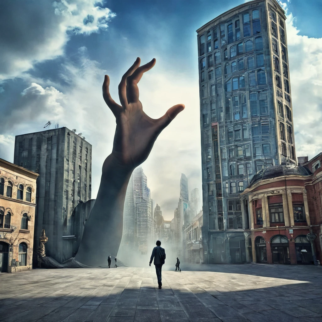 Giant hand in the middle of the city, Irregularly shaped building, Man walking in the air々, Surreal