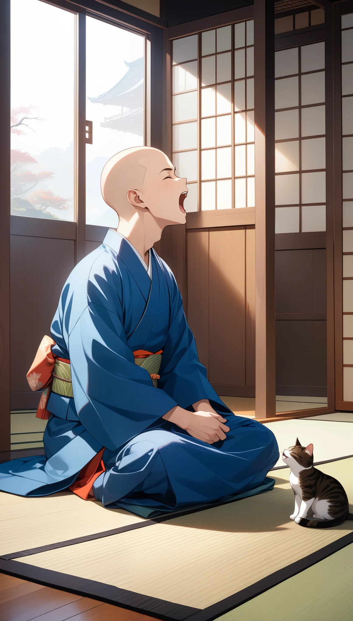 solo, short hair, open mouth, 1boy, jewelry, sitting, full body, closed eyes, male focus, japanese clothes, indoors, kimono, necklace, cat, hakama, beads, tatami, indian style, bald, very short hair, sliding doors, bead necklace, yawning, buzz cut, ((32k)), ((best quality)), ((ultra high res)), ((HDR)), ((UHD)), ((extremely detailed CG)), ((unity 32k wallpaper)),