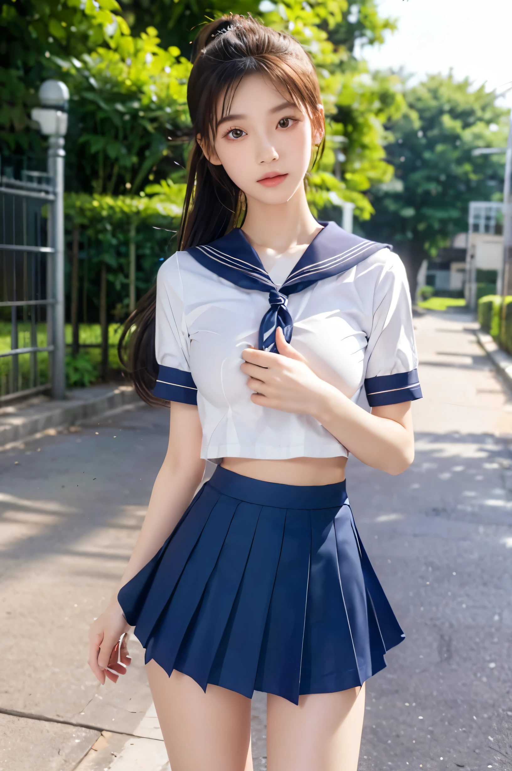 (Ultra HD), (Looking at me), (The whole body is shown), (Short-sleeved sailor uniform, Navy blue low-rise mini skirt), (Big Breasts:1.2), Super beautiful breasts, slender, Narrow waist, (Thin legs:1.2), (Thin thighs:1.2), (Thin Hips:1.4), (Beautiful Skin, Shiny skin, White skin), (Super slim face, Super beautiful face, No makeup, Smile:0.6), (ponytail, Layered Cut, Fluffy hair), (double eyelid, Slanted Eyes), (Small Nose), (Thin lips), Are standing, In front of the school gate