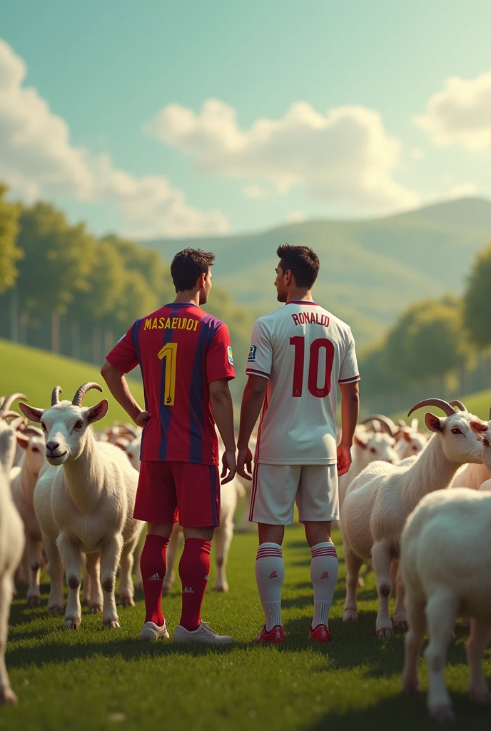 Lionel Messi and Cristiano Ronaldo surrounded by goats
