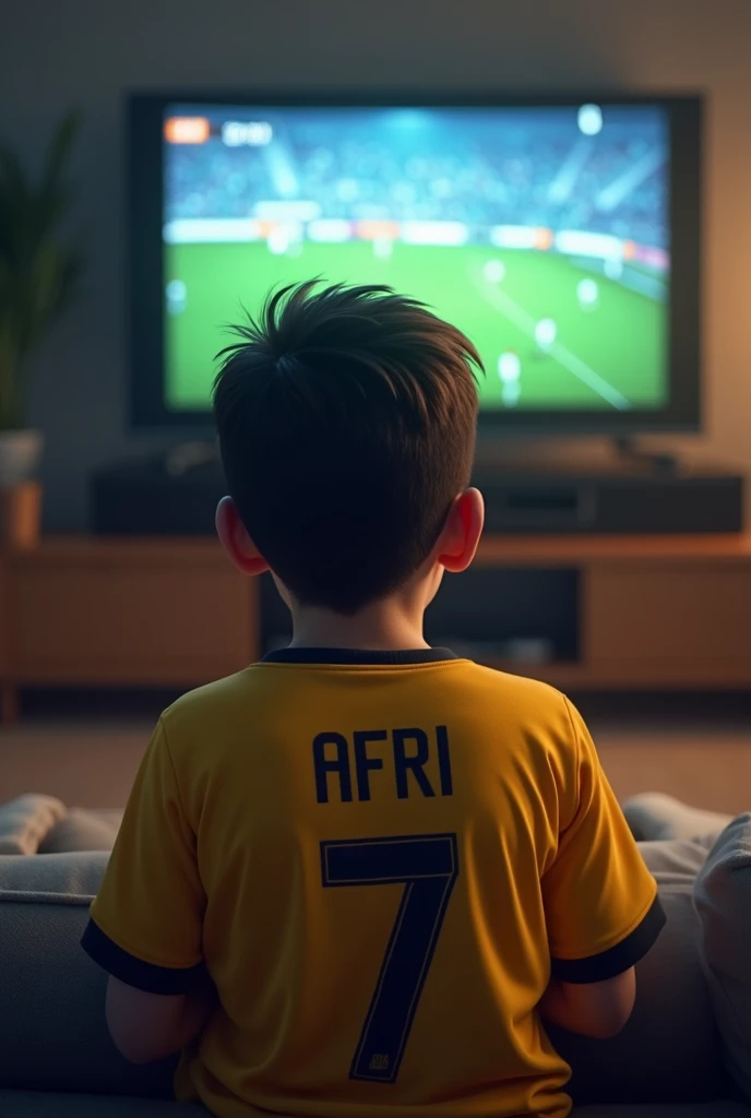 A smart boy watching football match in TV and he wear the Al nassr team jersey and behind of his jersey named as AFRI and number 7 and he sat on the sofa