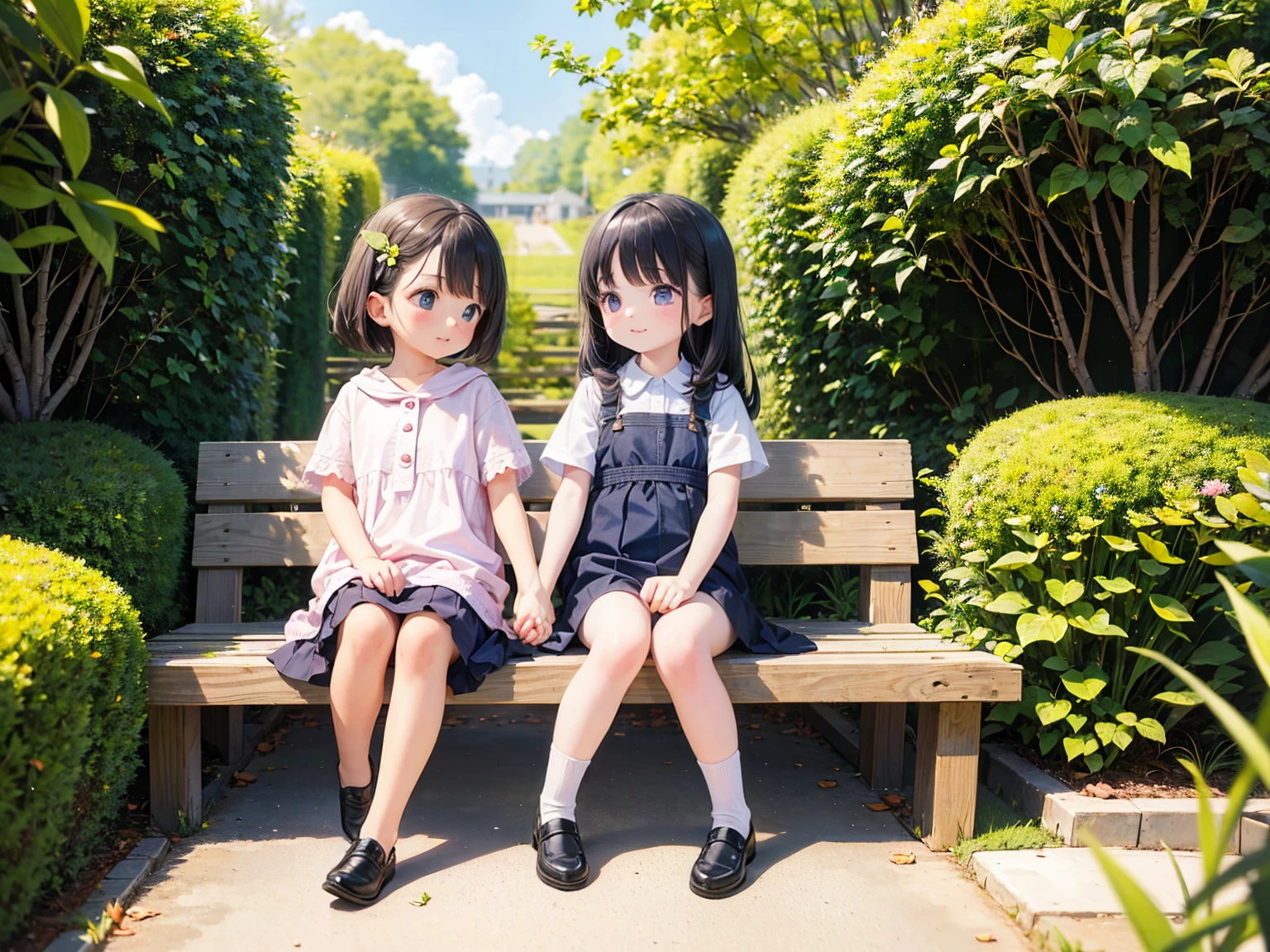 Two girls holding hands、it&#39;s raining、Shorts、rabbit hoodie、boots、bus stop、Puddles on the road、Lovers&#39; Bondage、Sheltering from the Rain、A rainbow surrounds the two girls and there is a small puddle at their feet、Hair is a little wet、Medium Long Hair、ponytail、The girl on the left looks a little embarrassed.、The girl on the right is smiling happily.、The girl on the left kisses the girl next to her on the cheek