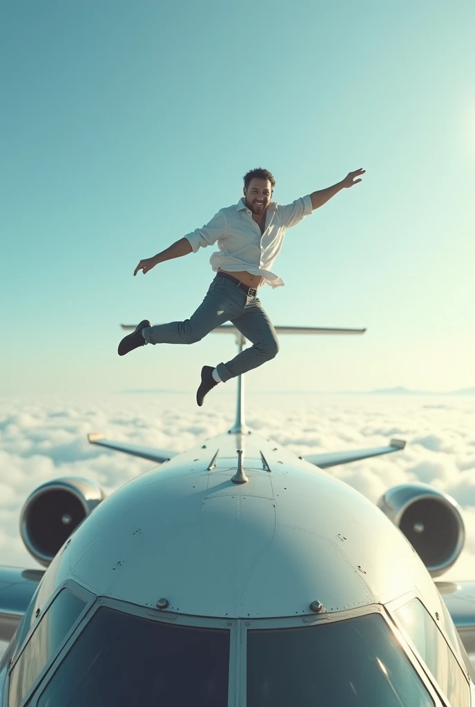 A man on plane roof of plane outside the plane dancing