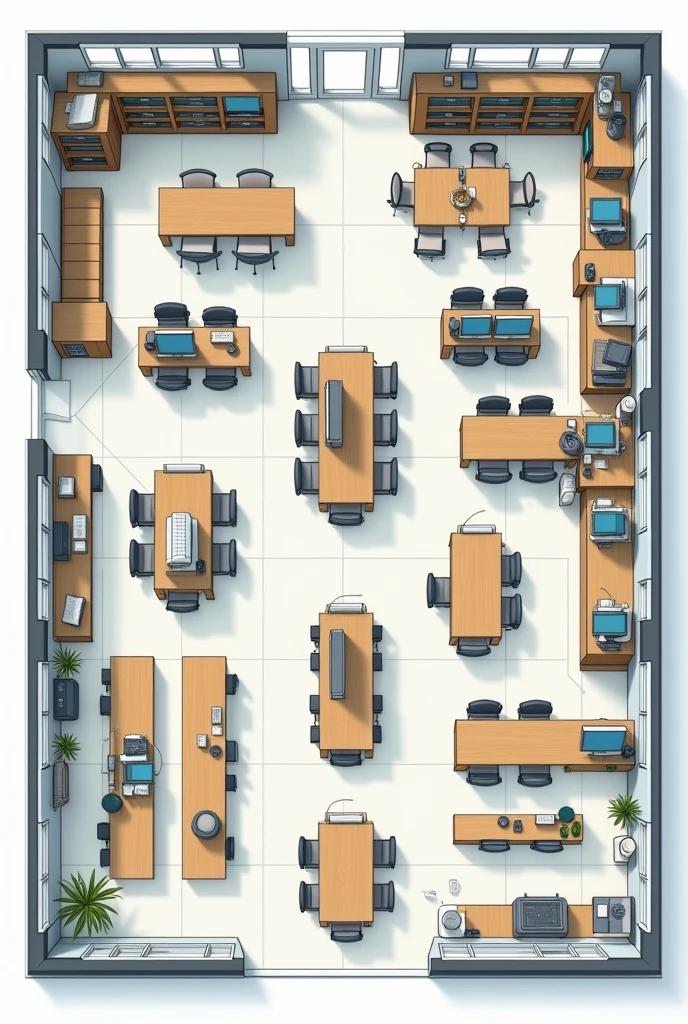 Get a graphic sketch of an architectural plan, with the spatial distribution of furniture, areas etc of a computer center with the following Computer Center:
Work teams
* Computers
* desks
* Chairs/seating
* air-conditioning
* lightning
* shelving
* Doors
* Windows
* projector
* Internet
* Sound equipment
* Qualified Personnel
* workshops or activities for user learning