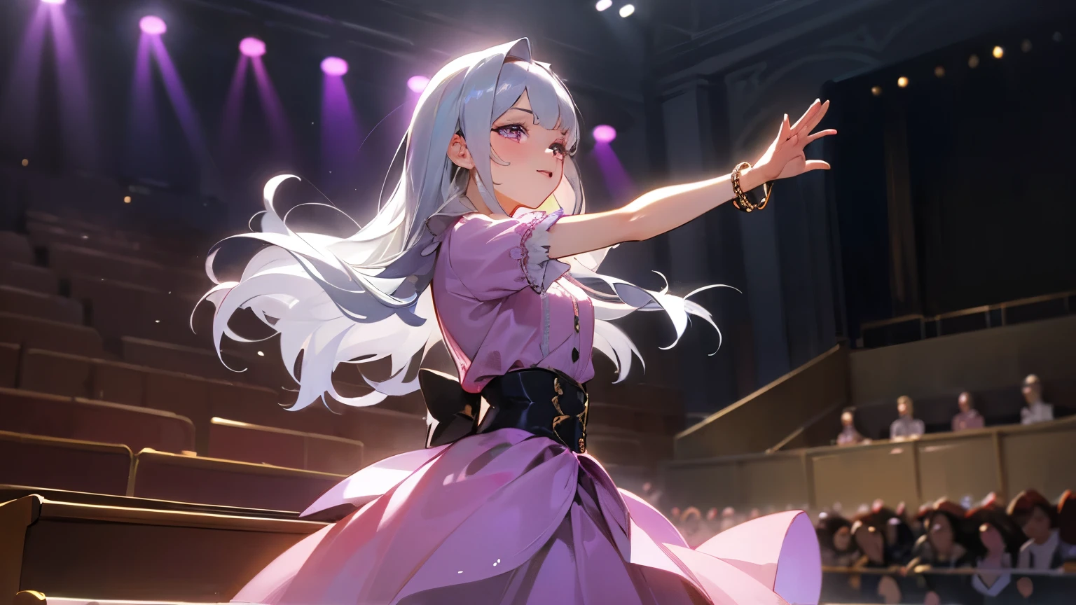 ((masterpiece)), Highest quality, (8k, Highest quality, masterpiece: 1.2), Very detailed, Inside the concert hall、1 female、platinum silver hair、Long Hair、Purple blouse shirt(Short sleeve)、bracelet、Pink Lips、Big eyes、Double eyelids、Beauty、Beautiful Eyes、singer、Mid-chest、stage、Spot Light、Gorgeous lighting、Singing earnestly、smile、Extremely detailed、whole body、Front angle、singing、Serious expression、cute、Age 25、With arms outstretched