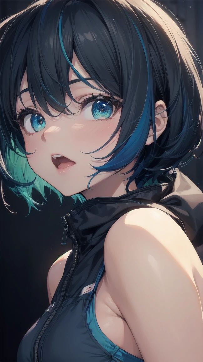 Close-up of a manga girl with blue hair and a yellow shirt, 2D Animation, 2D Animation style, 2D Art, 2D Art, 2D from Gorillaz, 2D from Gorillaz, 2D Gorillaz, Screaming Cerket, 2D Sprite, Jinx Face, short hair, Small breasts, hot pants, ((Black Hair, Inner bright blue hair:1.4))