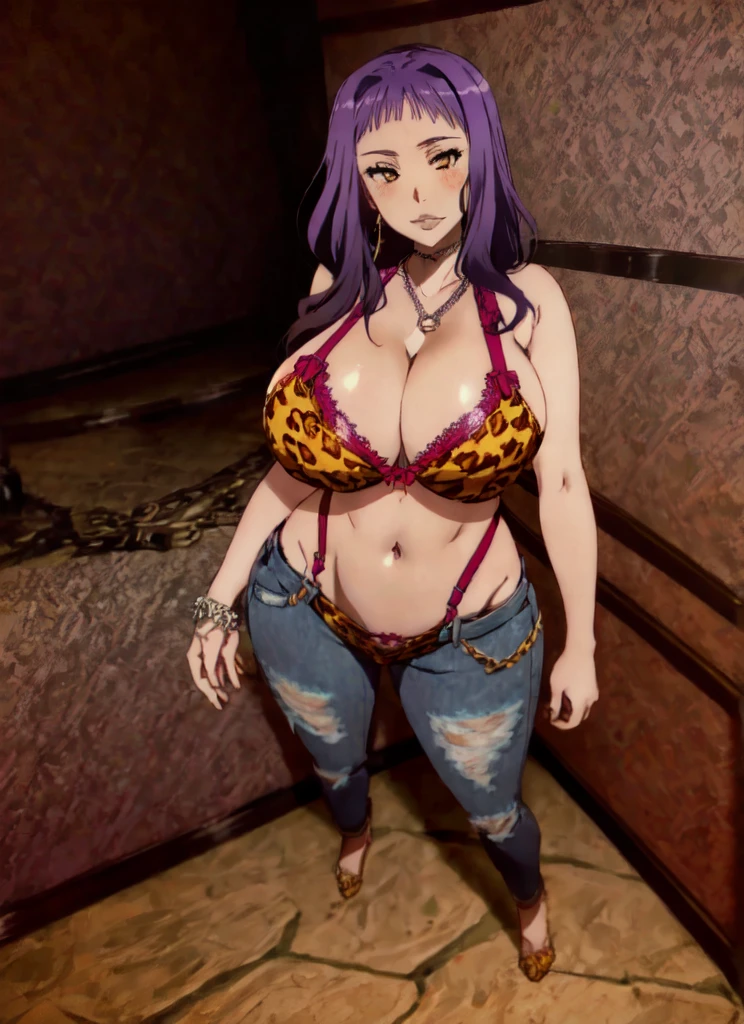 Asuna yuuki,sao anime style asuna \(sao\), 1girl, brown eyes, bright purple hair,Big breast,Fake big breast,Sculpted calves,Wide hips,Big ass,Tight tights,scoop Cleavage, Skindentation,Long thick Wavy hair,leopard print lace bra,vertical hoop earring,Dog tag necklace,multistrand necklace,((Solo)),((1girl)),Mature,Curvy figure,Swaying hips,Heels,Confident walk,eyelash,Bare leg,Light blush,Thick lips,Half eyes open expression,Calm expression,Red light district,Blunt bang hair,Body facing viewer,High quality,tattoo with image of Laughing coffin mark,laughing coffin guild,Bright purple hair,Lowrise jeans,Open navel,Symetrical bang,Standing,1hand in hips,Tanned skin,Colorless lips,Thick lips,Spouty lips expression