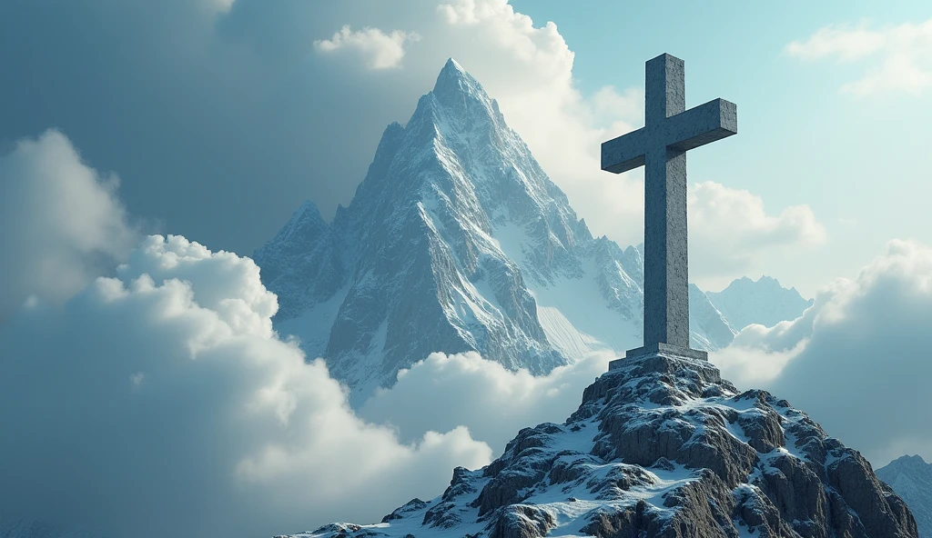 A majestic cross set atop a towering mountain, surrounded by huge, swirling clouds, mysterious ambient atmosphere, ethereal lighting, high detail, cinematic, spiritual, artwork by Caspar David Friedrich, hyper-detailed, 4k resolution