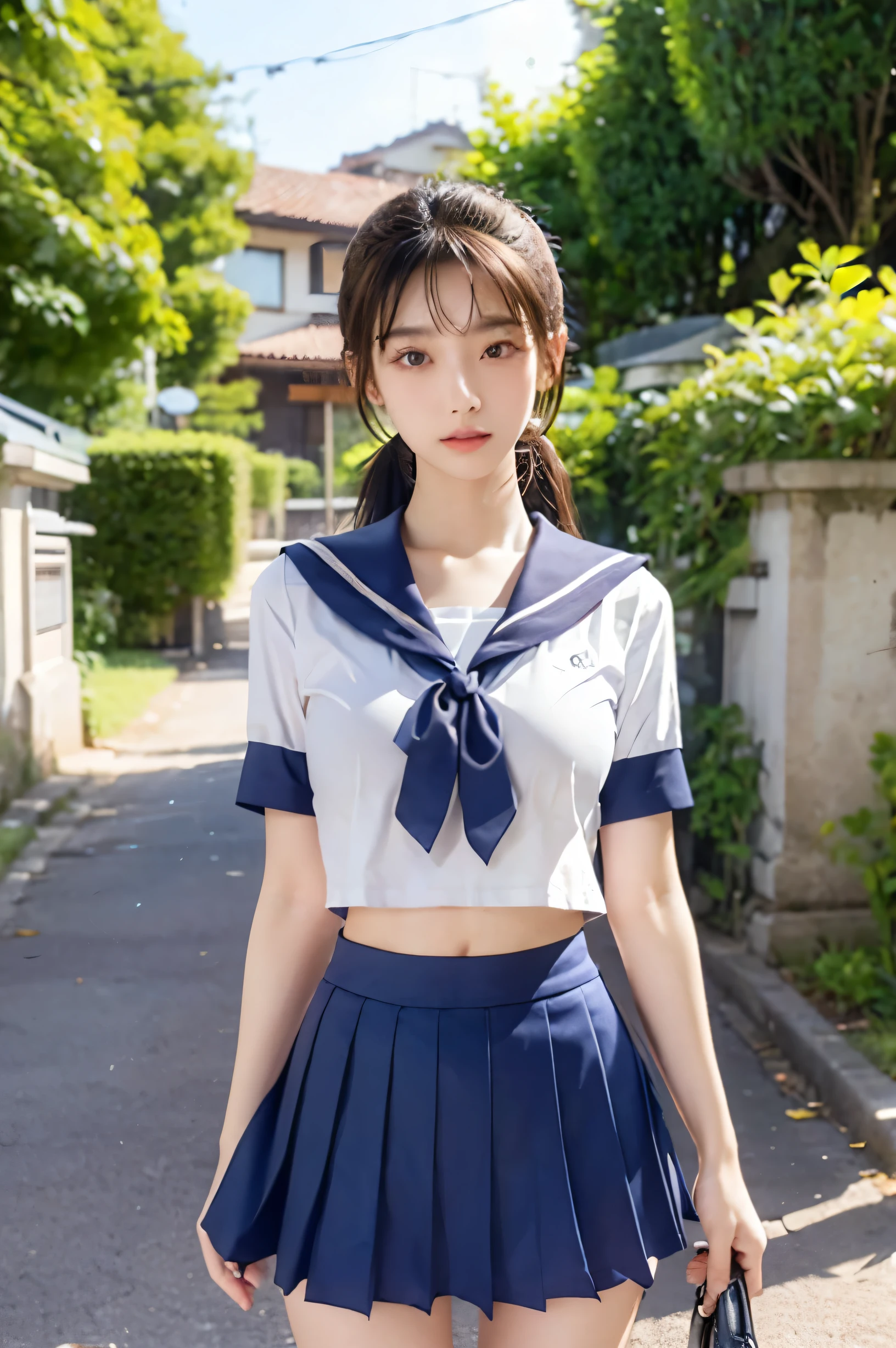 (Ultra HD), (Looking at me), (The whole body is shown), (Short-sleeved sailor uniform, Navy blue low-rise mini skirt), (Big Breasts:1.2), Super beautiful breasts, slender, Narrow waist, (Thin legs:1.2), (Thin thighs:1.2), (Thin Hips:1.4), (Beautiful Skin, Shiny skin, White skin), (Super slim face, Super beautiful face, No makeup, Smile:0.6), (ponytail, Layered Cut, Fluffy hair), (double eyelid, Slanted Eyes), (Small Nose), (Thin lips), Are standing, In front of the school gate