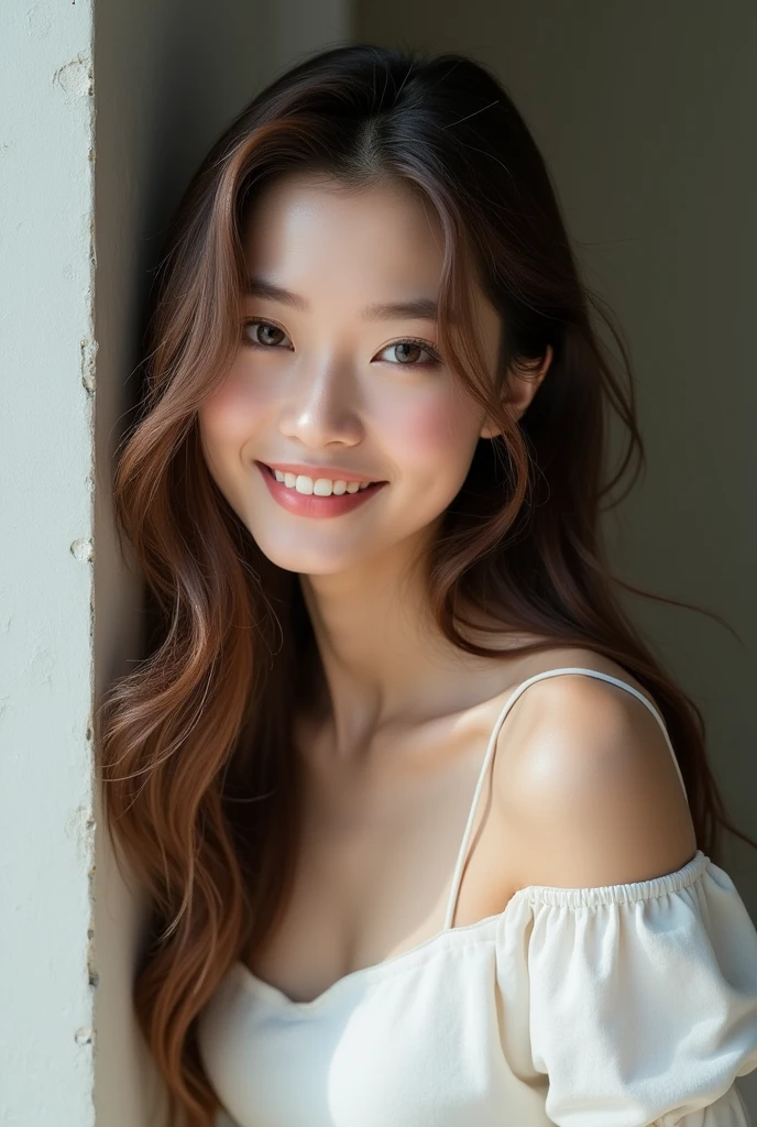 Japanese ),((beautiful girl)),cleavage,An expression that imagines something pleasant:1.2,(perfect body beauty:1.2),((perfect body)),(shy smile),beautiful teeth,