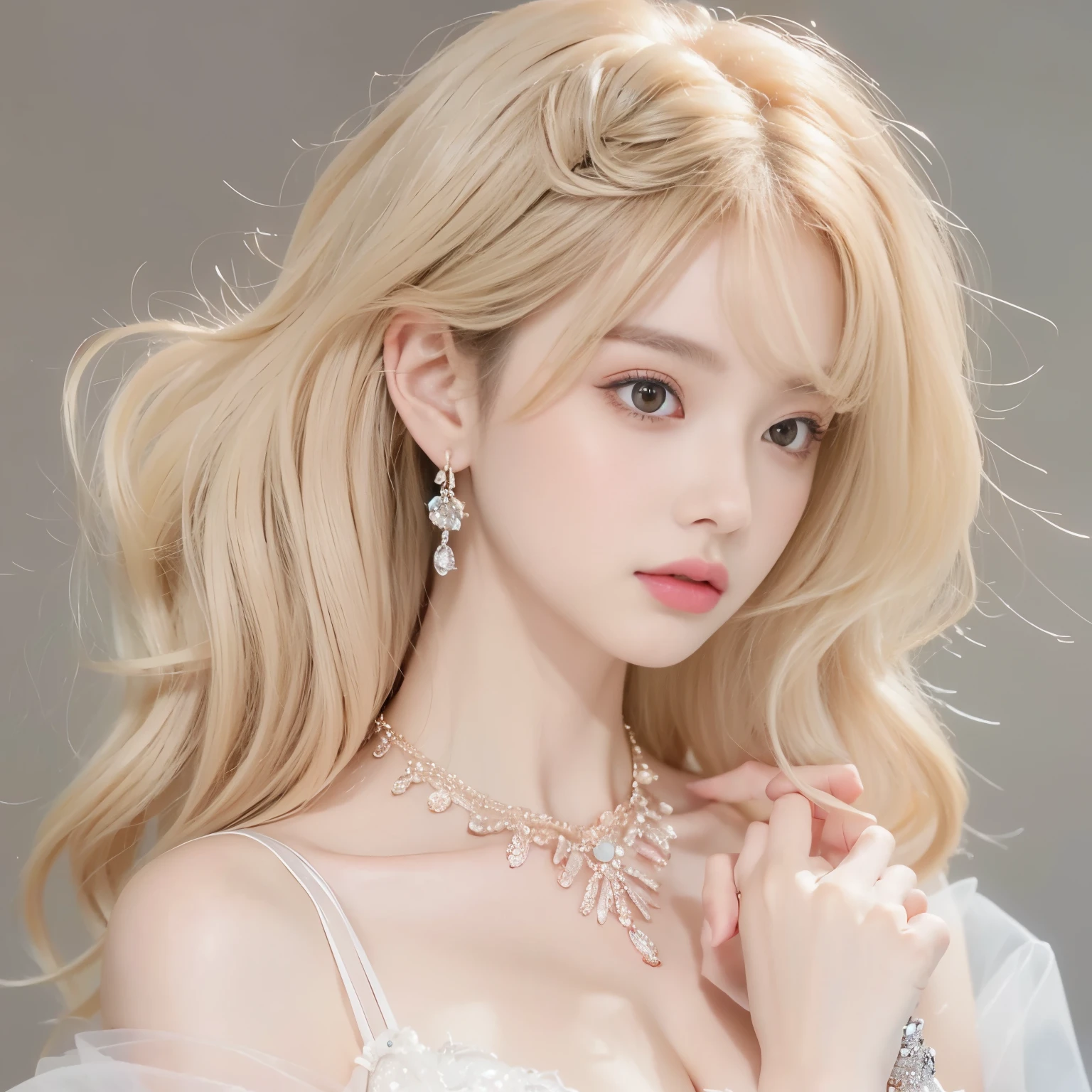 8k）、（Best image quality:1.5）、gray background、face close up、１girl、masterpiece、Delicate and sharp eyes、brown eyes、The power of the eyes、delicate face、cup、attractive face、platinum blonde hair、Banjangpa、Pink wedding dress、Pink wedding dress、I can see your collarbone、female、Clavicle emphasis、earring、necklace