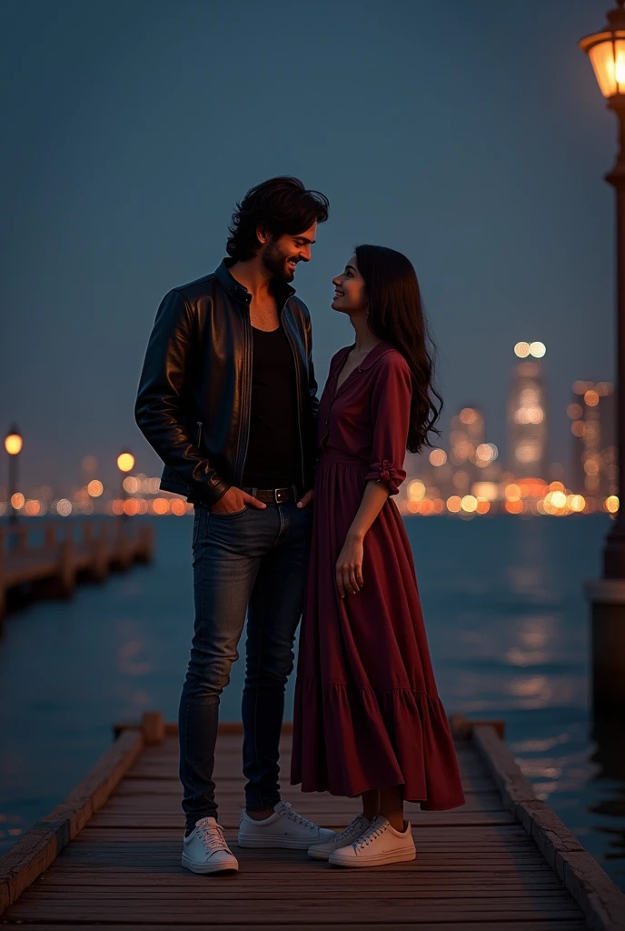 a handsome indian man with shoulder length hair, wearing a black tank top, leather jacket, long tight jeans and sneakers, standing on a wooden
pier at night, with a beautiful woman with long black hair, wearing a long shirt dress with Peterpan Collar style neckline, long maroon mullet skirt, sneakers, with a beautiful view at night, calm sea water and from a distance the sparkling city lights at night, realistic, cinematic, photographic, Smilling at camera